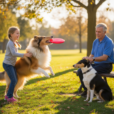 Image of a Collie interacting with humans in a typical cultural or domestic setting