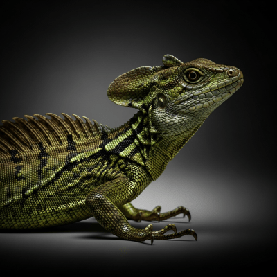 Editorial-style hero shot of a Common Basilisk (lizards), captured in dramatic lighting against a dark gradient background.