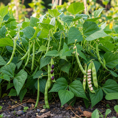 Photograph of the Common Bean (legumes) growing naturally on its plant in an outdoor agricultural or garden setting, showing leaves, pods, and surrounding soil or greenery