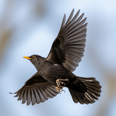 Action shot of a Common Blackbird (birds) in flight