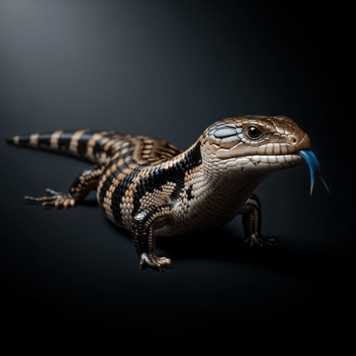 Editorial-style hero shot of a Common Blue-tongued Skink (lizards), captured in dramatic lighting against a dark gradient background.