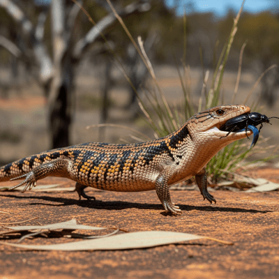 A dynamic action scene featuring a single Common Blue-tongued Skink (lizards) running, climbing, or catching prey in its typical environment
