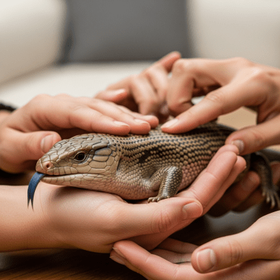 Image of a Common Blue-tongued Skink interacting with humans in a responsible pet-keeping context
