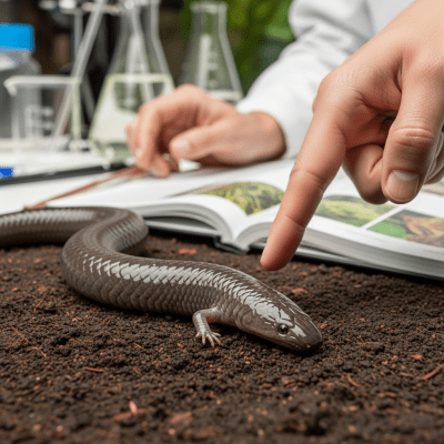 Photograph showing a Common Caecilian in interaction with humans or within a cultural context, such as being observed by scientists or featured in educational settings