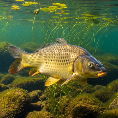 Underwater scene featuring a single Common Carp