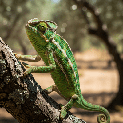 A dynamic action shot of a Common Chameleon, part of the taxonomy reptiles, in motion such as climbing, swimming, basking, or hunting in its environment