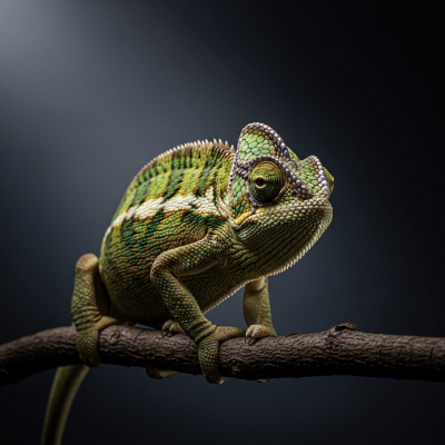 A striking, editorial-style portrait of a Common Chameleon (reptiles) in dramatic lighting.