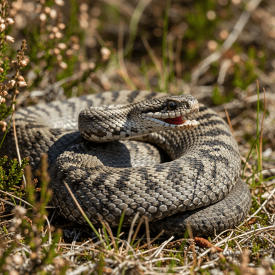 A dynamic action shot of a Common European Adder, part of the taxonomy reptiles, in motion such as climbing, swimming, basking, or hunting in its environment