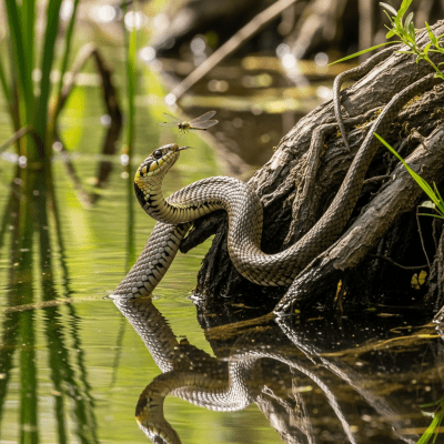 A dynamic action shot of a Common European Grass Snake, part of the taxonomy reptiles, in motion such as climbing, swimming, basking, or hunting in its environment