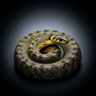 A striking, editorial-style portrait of a Common European Grass Snake (reptiles) in dramatic lighting.