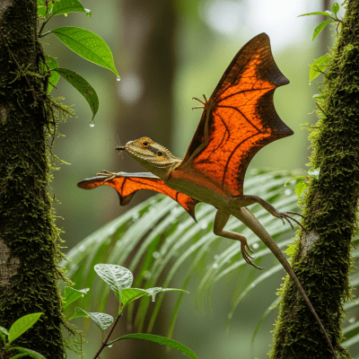 A dynamic action scene featuring a single Common Flying Dragon (lizards) running, climbing, or catching prey in its typical environment