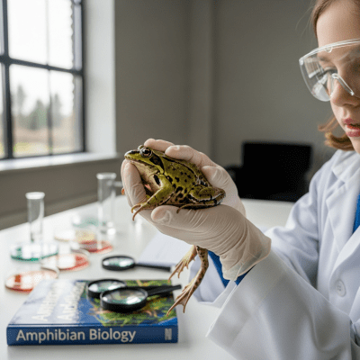Photograph showing a Common Frog in interaction with humans or within a cultural context, such as being observed by scientists or featured in educational settings