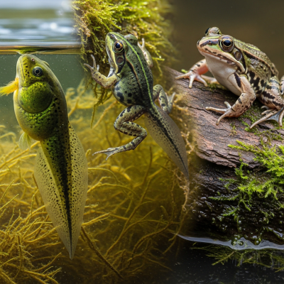 Image of a Common Frog (amphibians) at the moment of transformation, such as metamorphosis from tadpole to adult