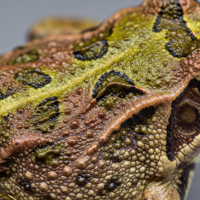 Macro close-up image of the skin texture or distinctive features of a single Common Frog, belonging to the taxonomy amphibians