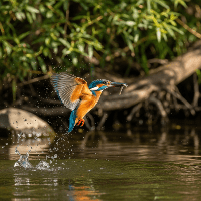 Photorealistic image of a Common Kingfisher (birds) in its typical natural environment