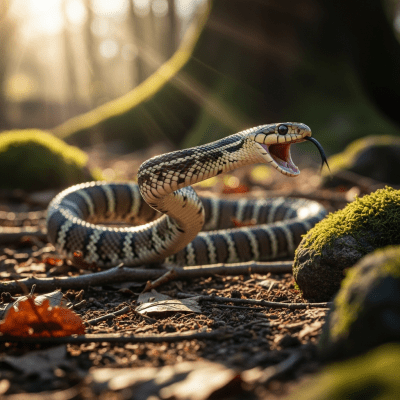 A dynamic action shot of a Common Kingsnake, part of the taxonomy reptiles, in motion such as climbing, swimming, basking, or hunting in its environment