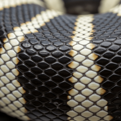 A close-up macro photograph of the skin or scales of a Common Kingsnake