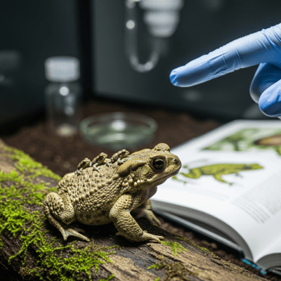 Photograph showing a Common Midwife Toad in interaction with humans or within a cultural context, such as being observed by scientists or featured in educational settings