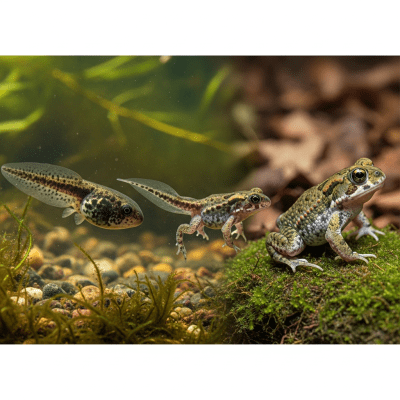 Image of a Common Midwife Toad (amphibians) at the moment of transformation, such as metamorphosis from tadpole to adult