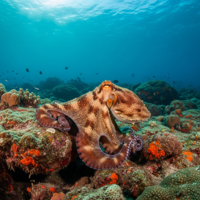 A realistic underwater scene featuring a Common Octopus of the taxonomy octopuses in its natural marine environment