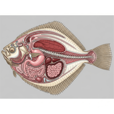 Detailed anatomical illustration of a Common Sole, part of the taxonomy fish