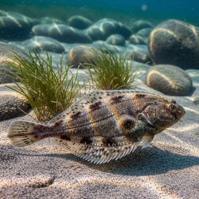 Underwater scene featuring a single Common Sole