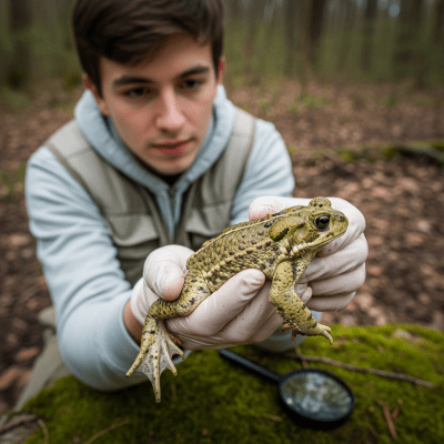 Photograph showing a Common Spadefoot Toad in interaction with humans or within a cultural context, such as being observed by scientists or featured in educational settings