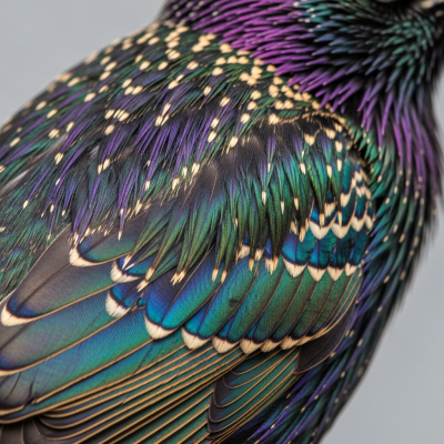 Close-up macro photograph of the feathers or distinctive markings of a Common Starling