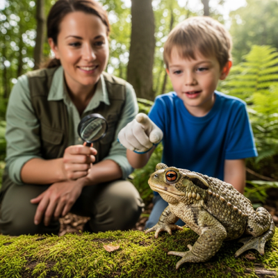 Photograph showing a Common Toad in interaction with humans or within a cultural context, such as being observed by scientists or featured in educational settings