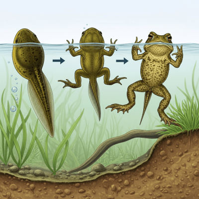 Image of a Common Toad (amphibians) at the moment of transformation, such as metamorphosis from tadpole to adult