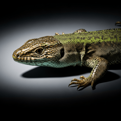 Editorial-style hero shot of a Common Wall Lizard (lizards), captured in dramatic lighting against a dark gradient background.