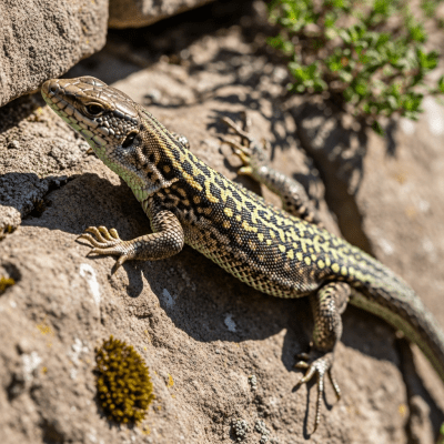 A dynamic action shot of a Common Wall Lizard, part of the taxonomy reptiles, in motion such as climbing, swimming, basking, or hunting in its environment