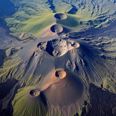 Aerial view photograph of the Complex volcano, showcasing its shape and crater from above