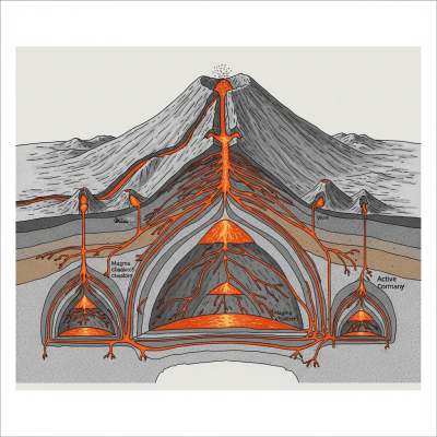 Scientific cross-sectional illustration of the Complex volcano