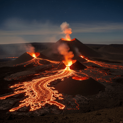 Nighttime image of the Complex volcano, highlighting glowing lava and illuminated volcanic features
