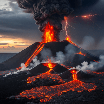 Image depicting the Complex volcano during an eruption event, capturing lava flow, ash plume, and dynamic movement