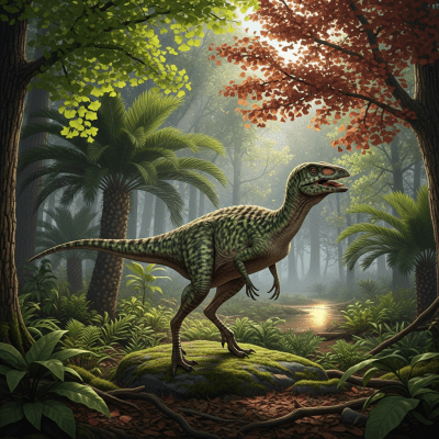 Realistic depiction of a Compsognathus in its prehistoric natural environment
