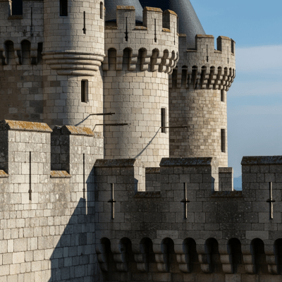 A close-up image focusing on unique architectural details of a Concentric Castle, from the castles taxonomy