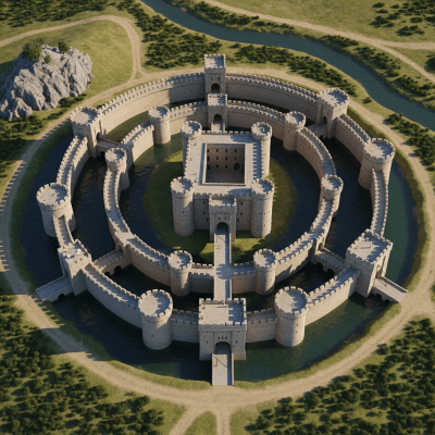 A bird's-eye view rendering of a Concentric Castle, classified in the castles taxonomy