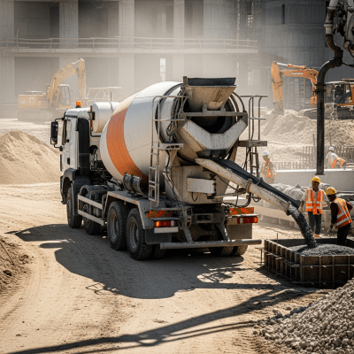 Photorealistic image of a Concrete Mixer Truck (trucks) in its typical working environment