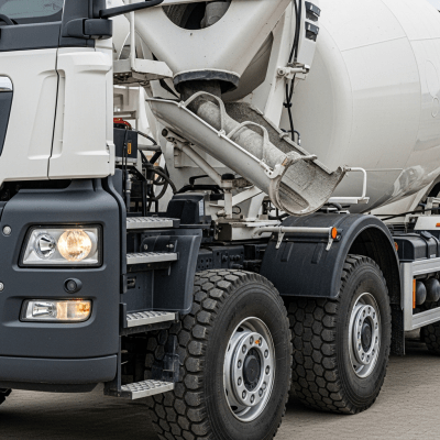 Close-up photograph focusing on distinctive details of a Concrete Mixer Truck from the trucks taxonomy