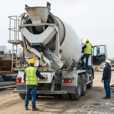 Image of a Concrete Mixer Truck (trucks) being used by people in a real-world scenario