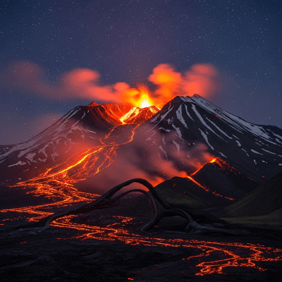 Nighttime image of the Continental volcano, highlighting glowing lava and illuminated volcanic features