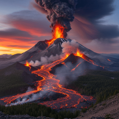Image depicting the Continental volcano during an eruption event, capturing lava flow, ash plume, and dynamic movement