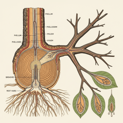 Detailed botanical illustration of the internal structure of a Cork Oak