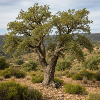 A realistic depiction of a mature Cork Oak (trees) in its typical natural environment