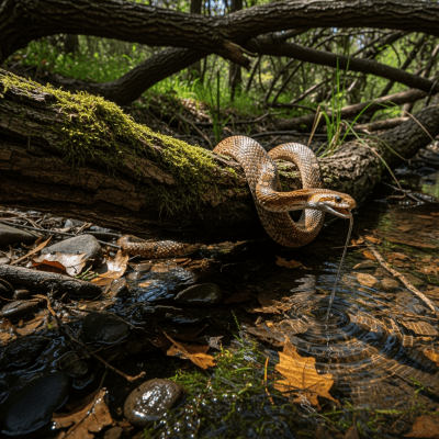 A dynamic action shot of a Corn Snake, part of the taxonomy reptiles, in motion such as climbing, swimming, basking, or hunting in its environment