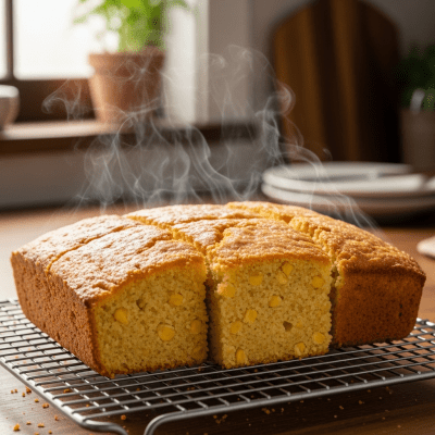 Photograph of freshly baked Cornbread, cooling on a wire rack