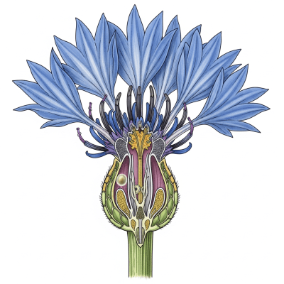 Cross-sectional illustration of a Cornflower (flowers), showing internal parts such as stem, petals, and reproductive organs