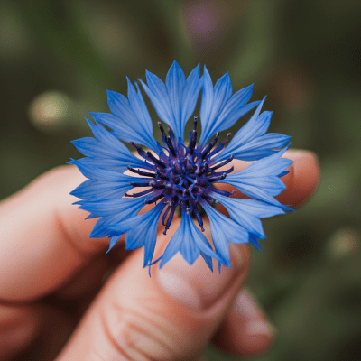 Photograph of a Cornflower (flowers) being held or interacted with by a person in a gentle way